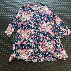 Umgee Dress Womens Small Blue Floral Bell Sleeve Boho Tunic Flowy Cotton Blend